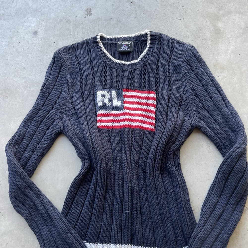 VTG Ralph Lauren Polo Jeans Co USA American Flag Women's M Sweater Y2K Preppy - Picture 2 of 6